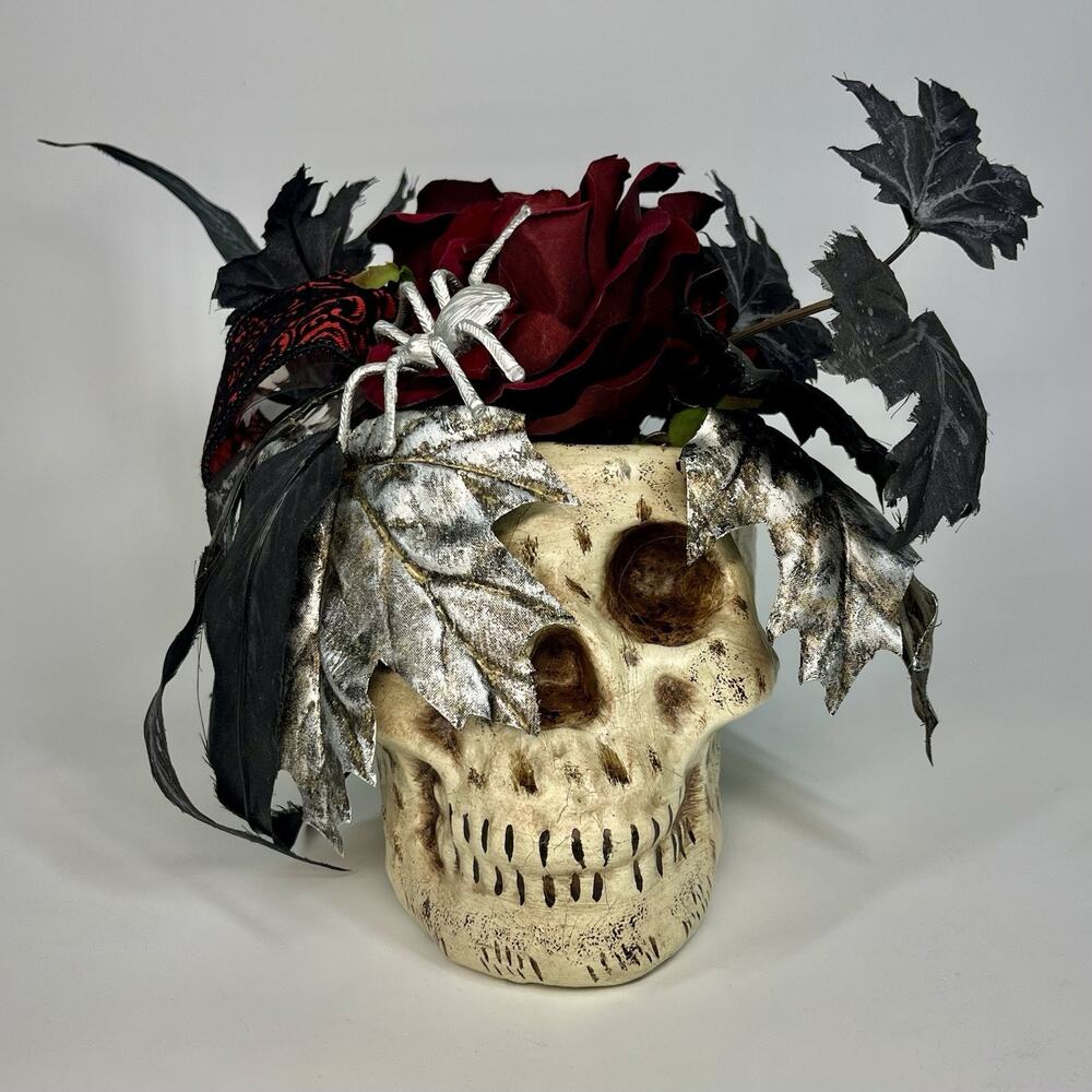 Gothic Skull Faux Floral Arrangement Centerpiece Spider Flowers Black Leaves